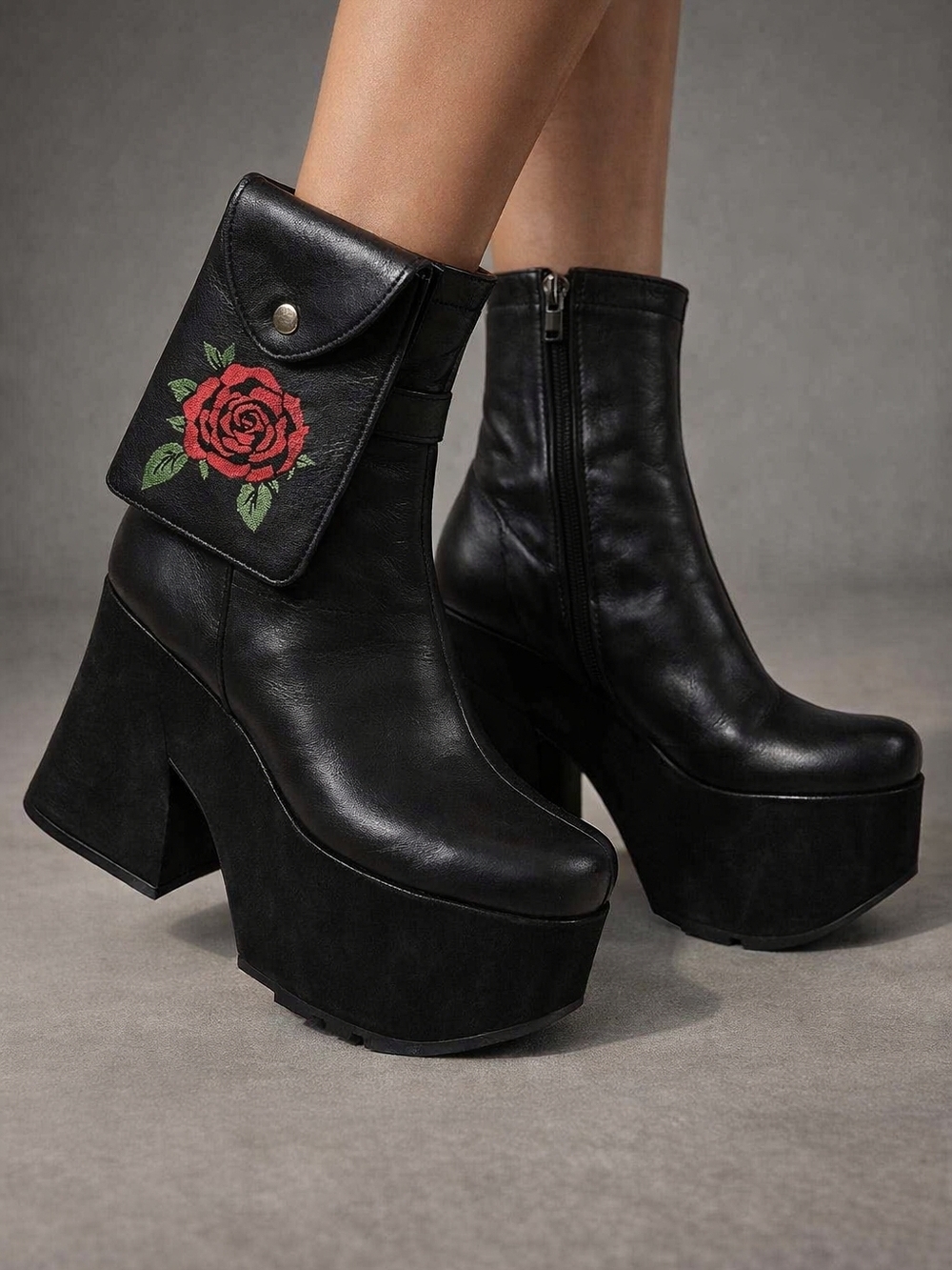 Black Platform Ankle Boots with Detachable Red Rose Purse
